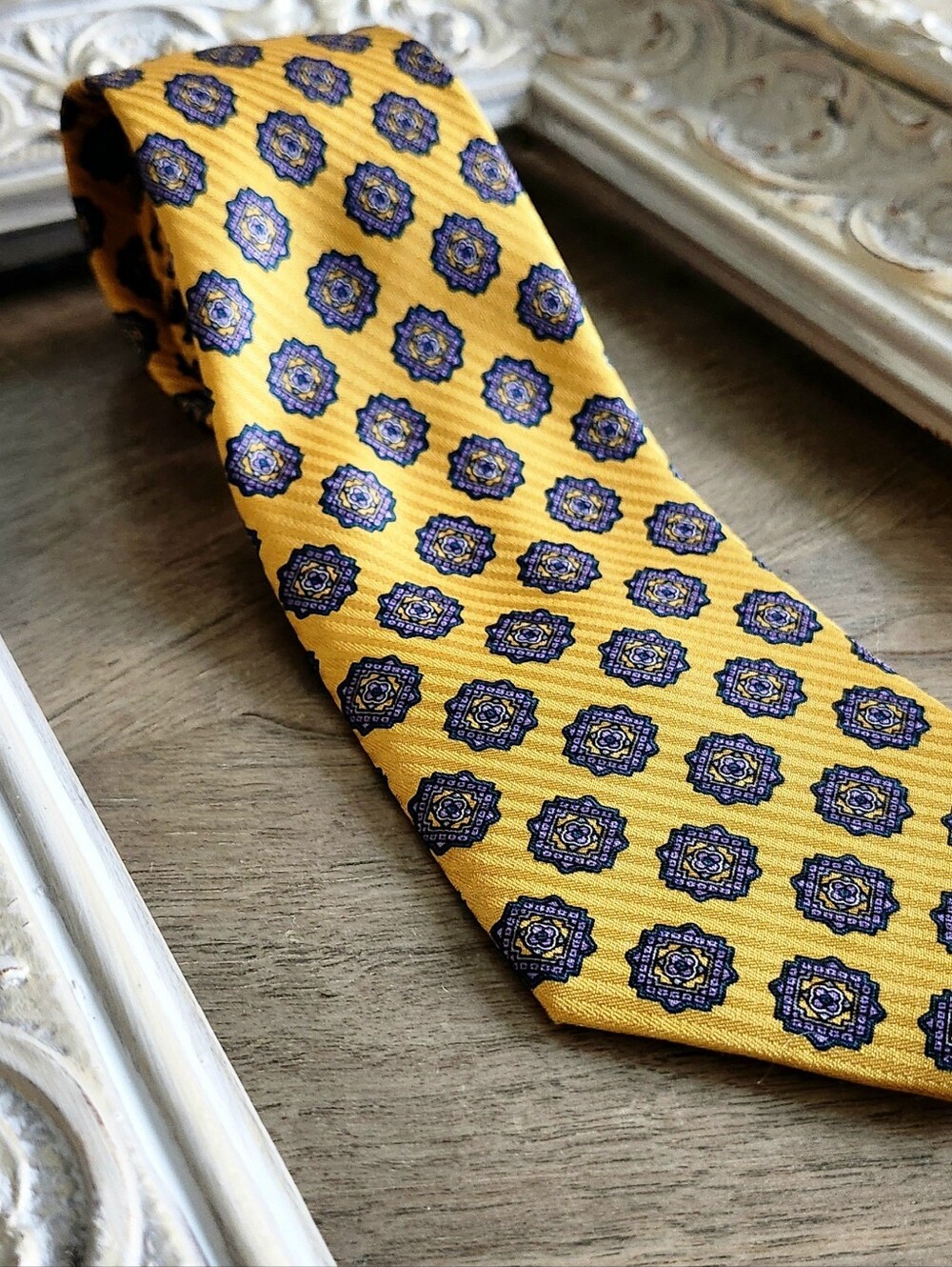 Vintage Givenchy Yellow Silk Tie with Blue Medallions